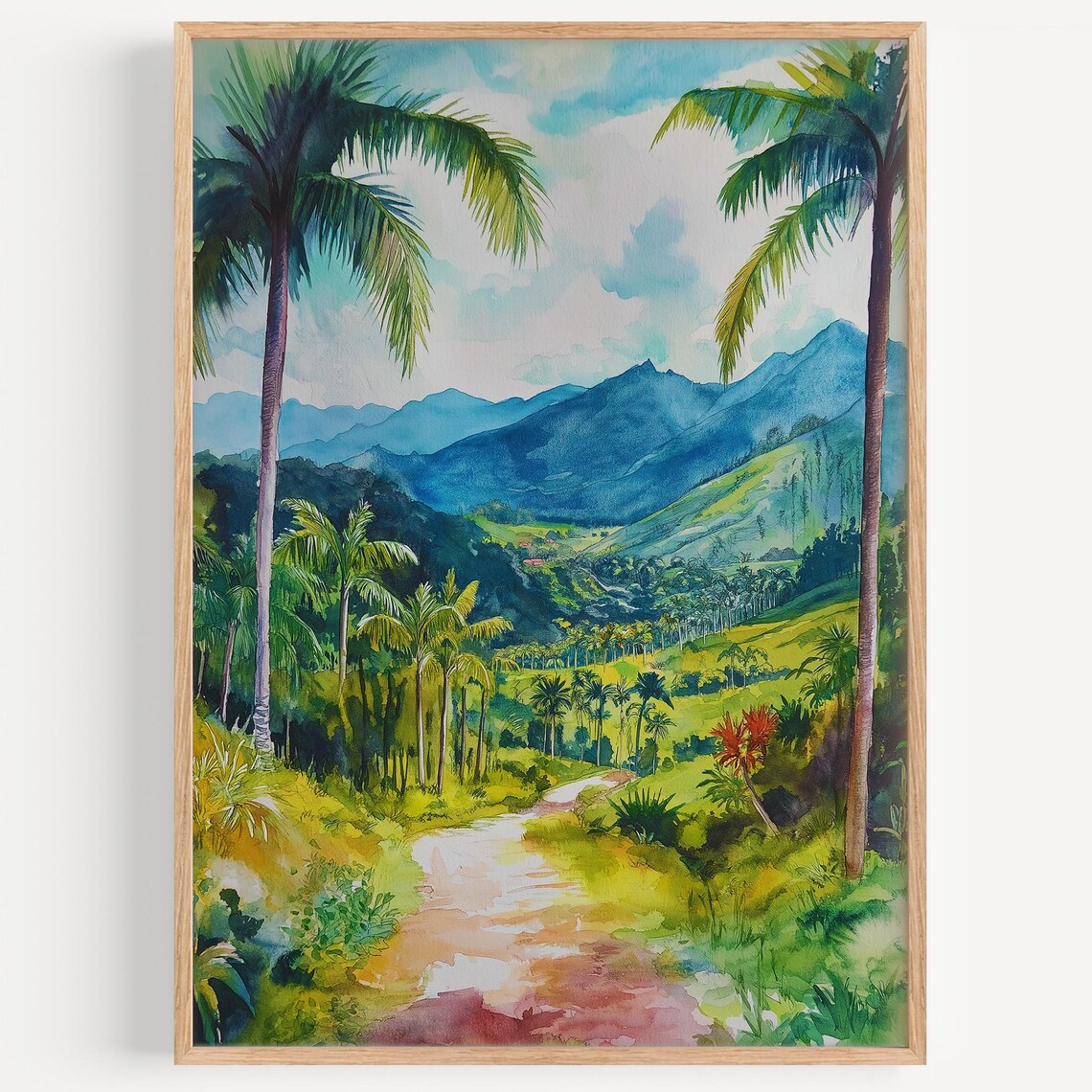 Tropical Palm Valley Winding Road Watercolor Landscape Poster