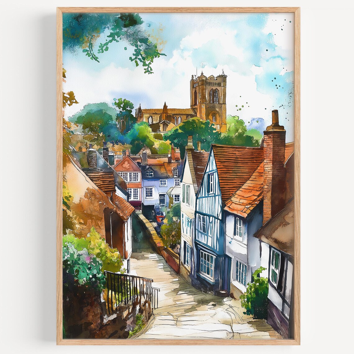 Durham England Old Street Cathedral Watercolor Historic Travel Poster