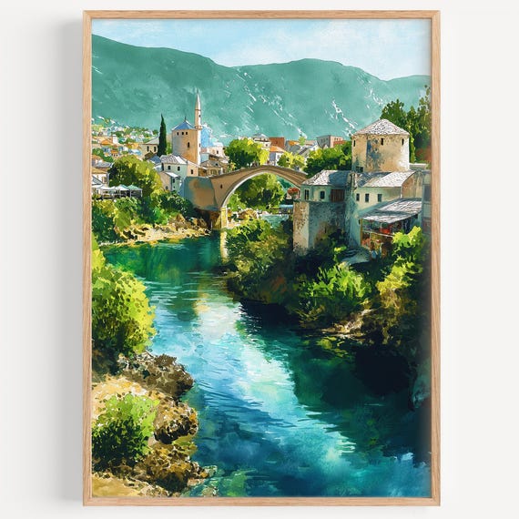 Mostar Watercolor Painting Wall Art Print Travel Poster Bosnia Decor Illustration Home