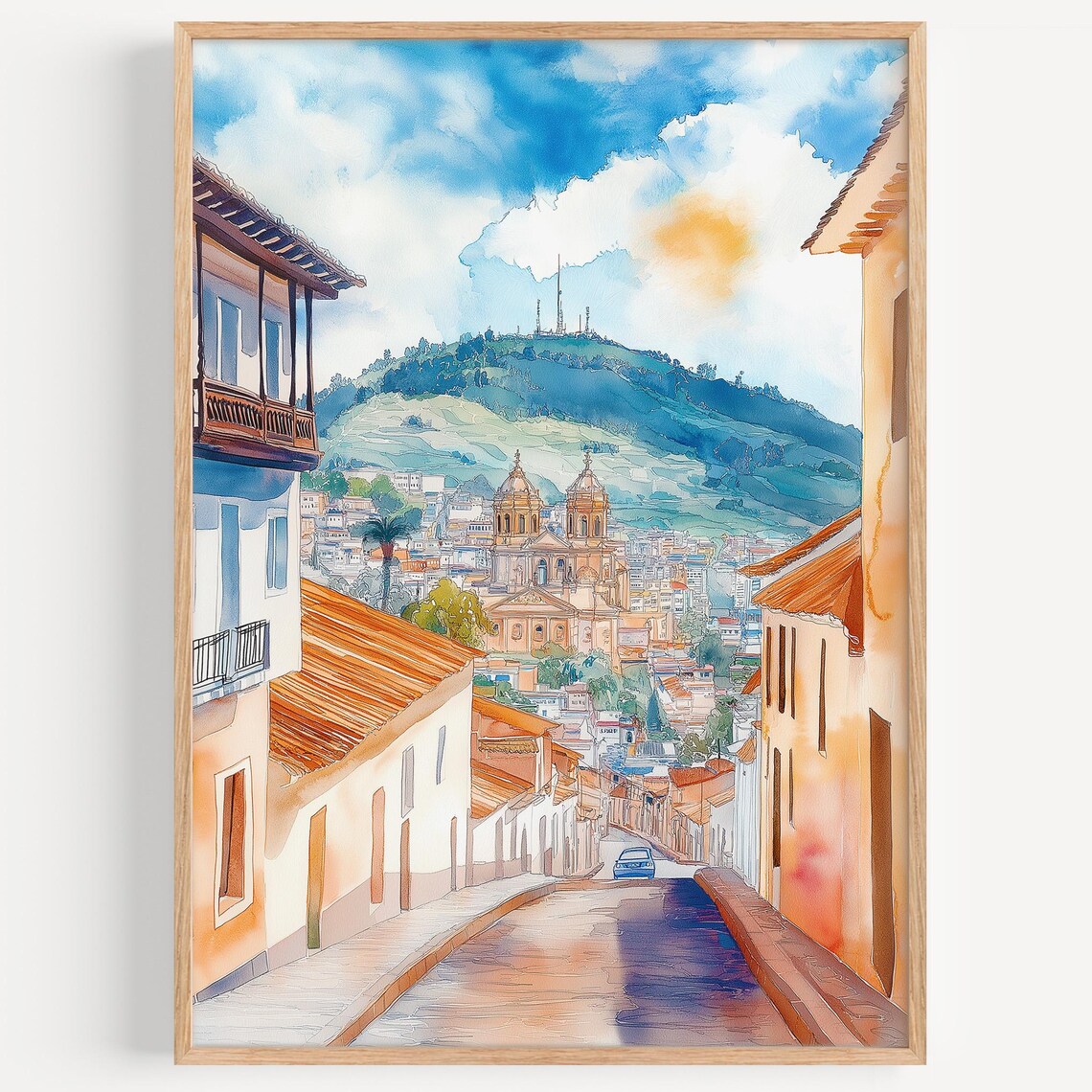 Quito Ecuador Watercolor Poster Colonial Street Cathedral And Hill