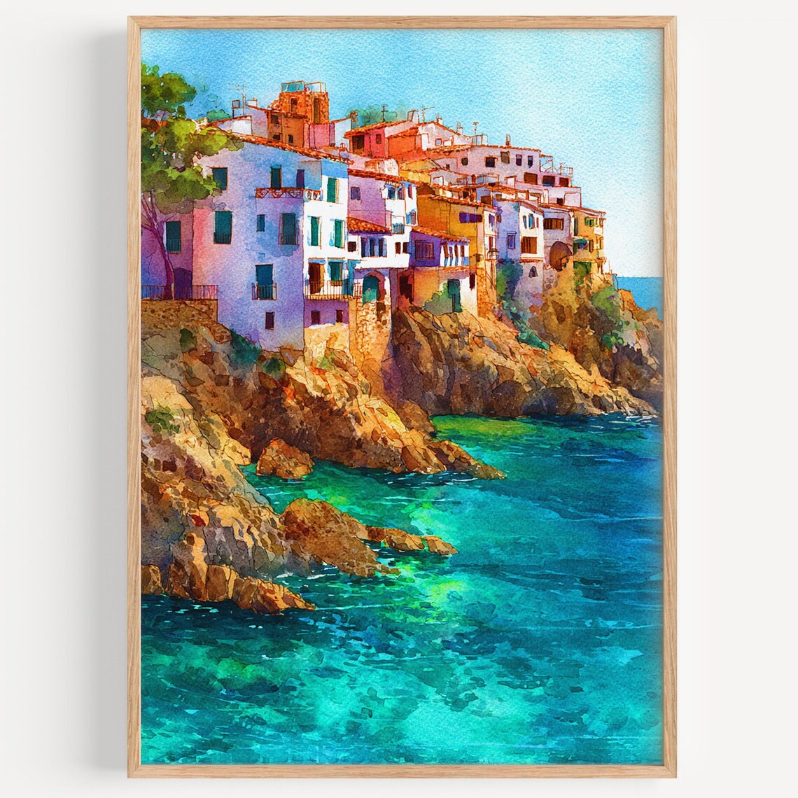 Costa Brava Cliffside Village Watercolor Turquoise Sea Spain Poster