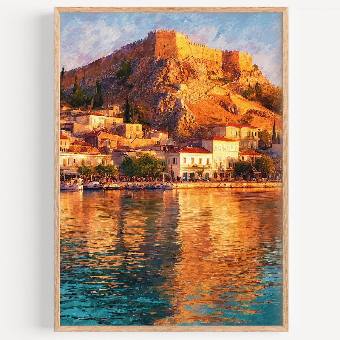 Nafplio Greece Harbor Sunset Hilltop Fortress Golden Watercolor Sea Poster