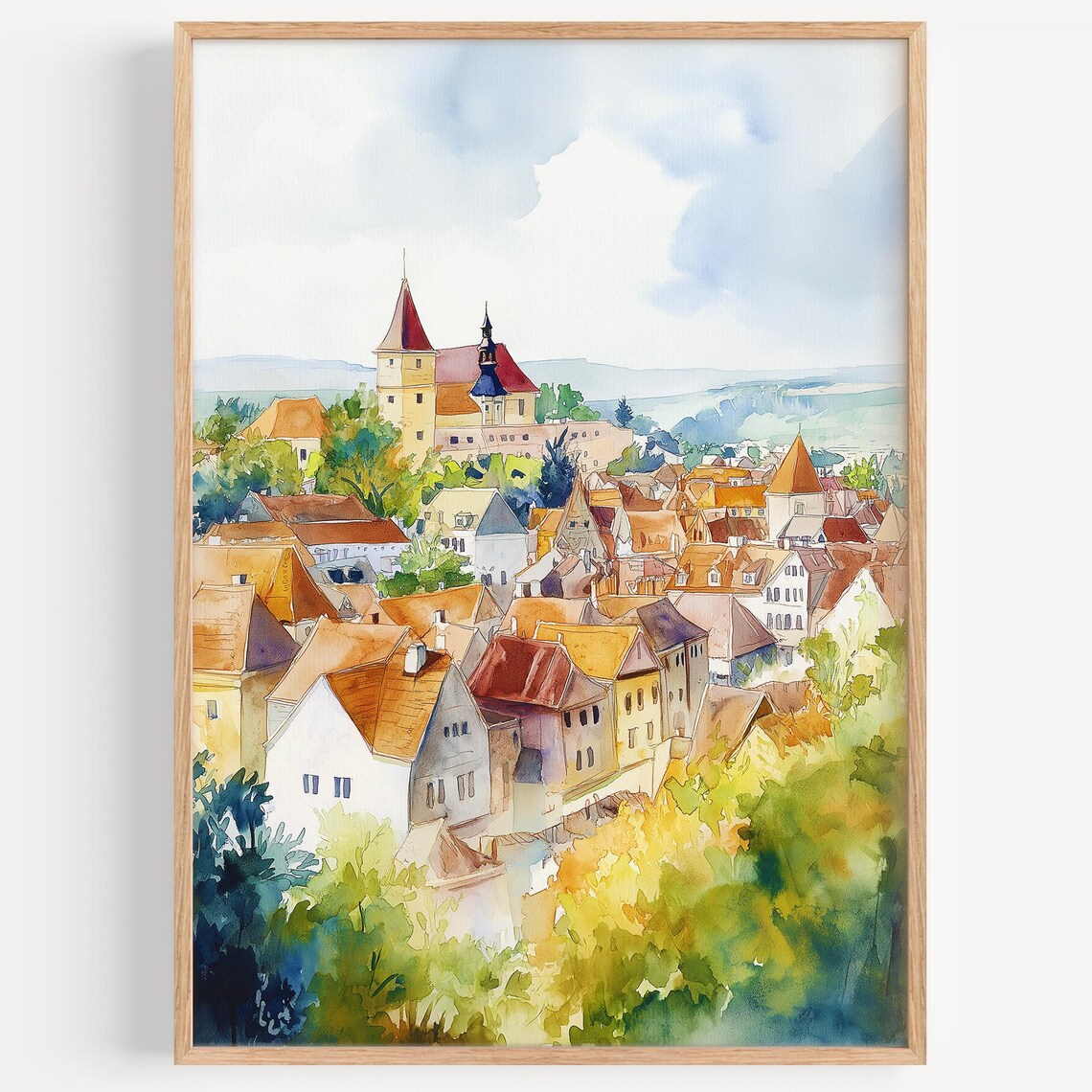 Watercolor Old European Town Church Spire Rooftops Travel Art Poster