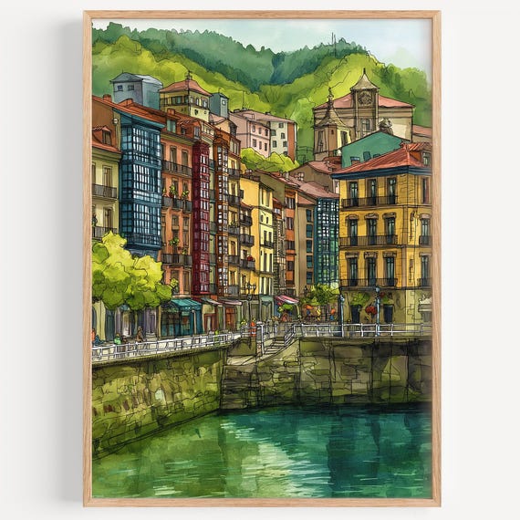 Bilbao Watercolor Painting Wall Art Print Travel Poster Spain Decor Illustration Home