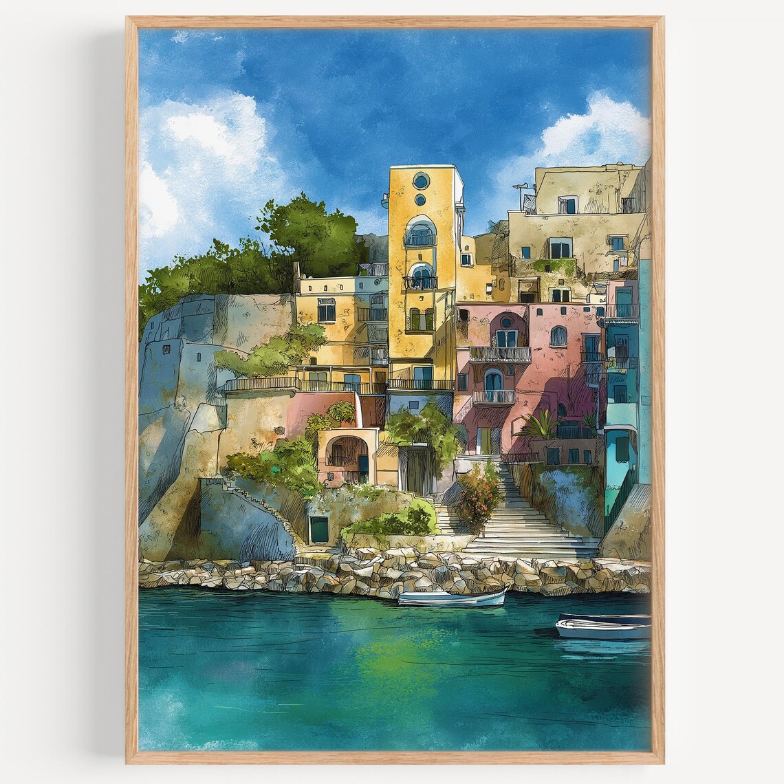 Mediterranean Coastal Village Watercolor Charming Sea Travel Poster