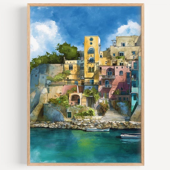 Ischia Watercolor Painting Wall Art Print Travel Poster Italy Decor Illustration Home