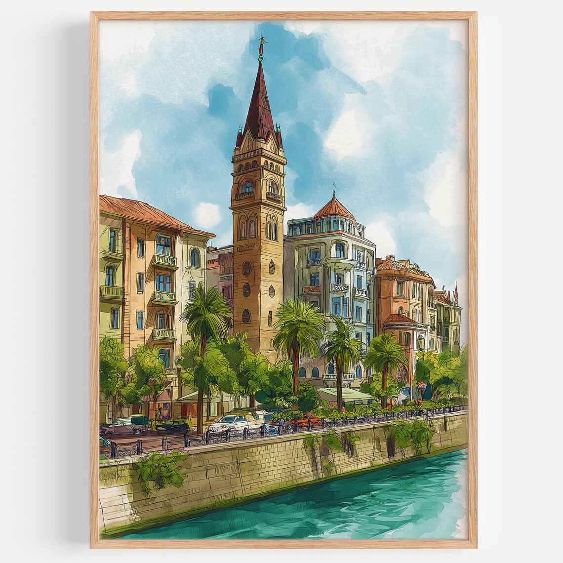 Batumi Georgia Clock Tower Palm Lined Riverfront Watercolor Poster