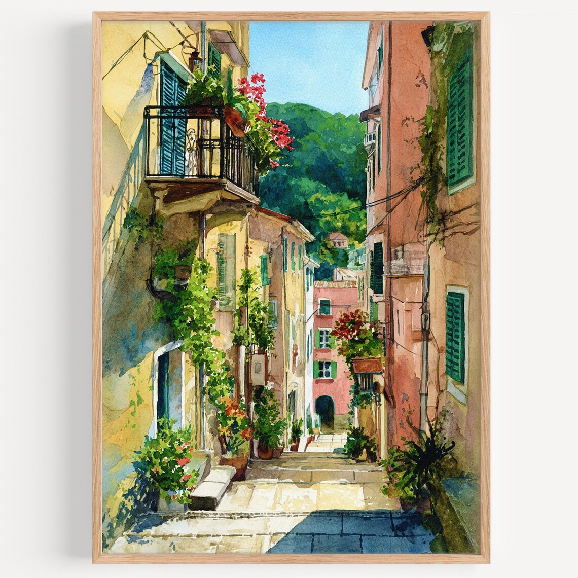 Corfu Old Town Sunny Street Watercolor Balconies Greece Wall Art