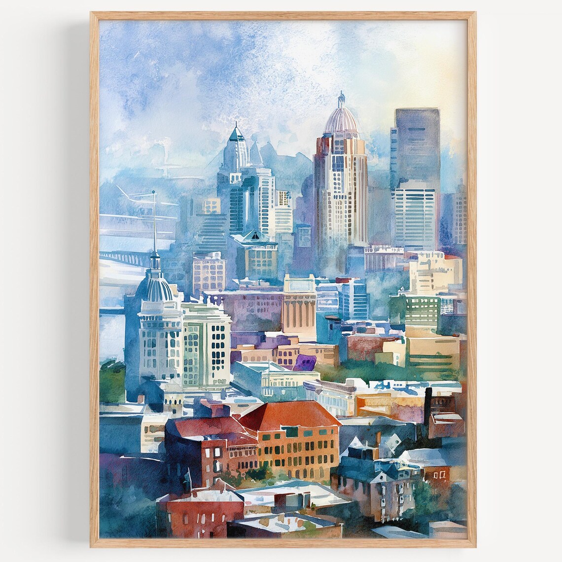 Cincinnati Ohio Downtown Skyline Buildings Blue Watercolor City Poster