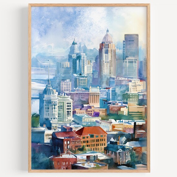 Cincinnati Ohio Downtown Skyline Buildings Blue Watercolor City Poster