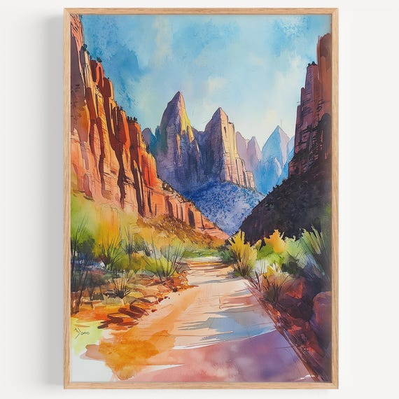 Zion National Park Watercolor Painting Wall Art Print Poster Utah Travel Decor Illustration Home