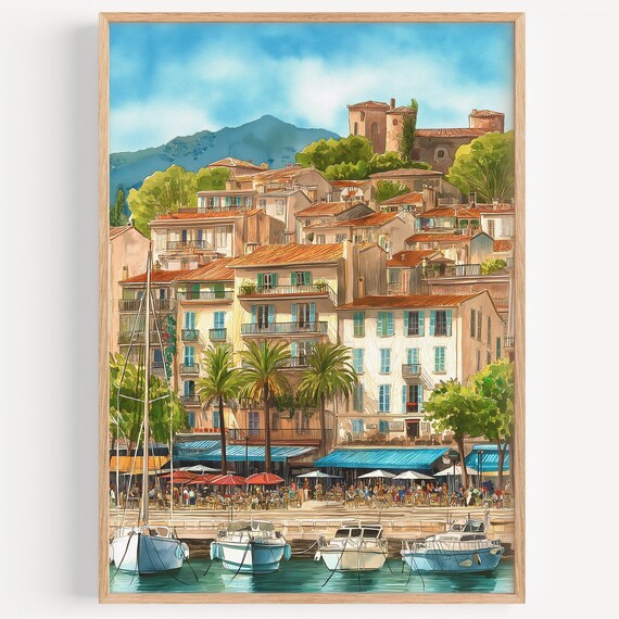 Cannes France Harbor Waterfront Cafes Palms Riviera Travel Poster