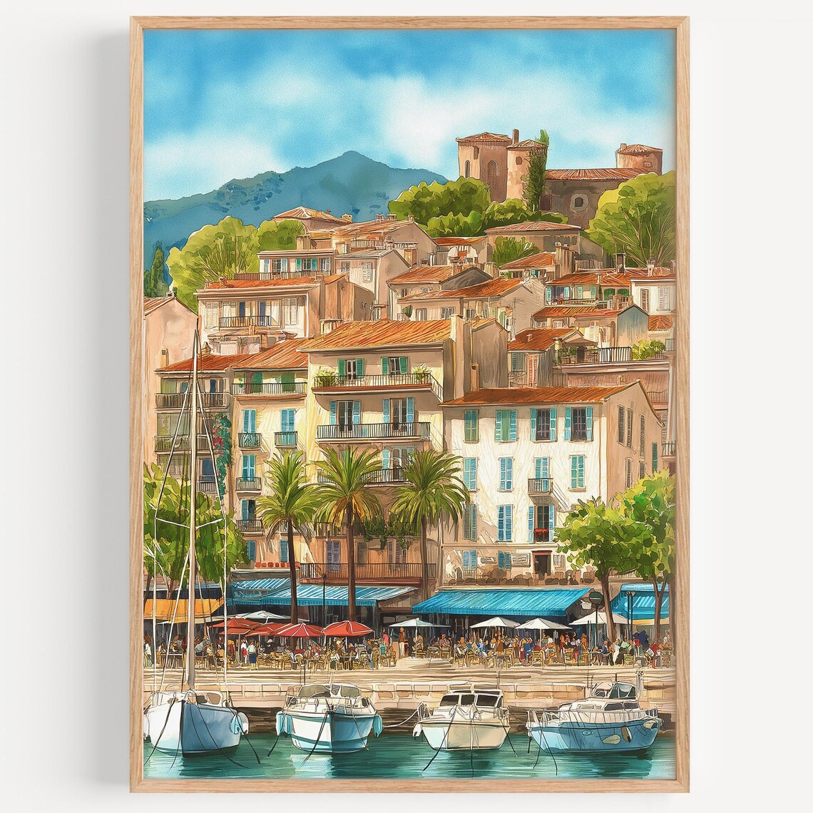 Cannes France Harbor Waterfront Cafes Palms Riviera Travel Poster
