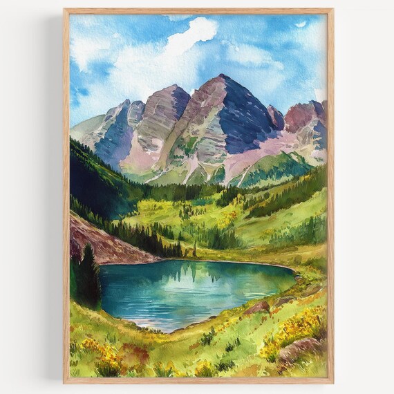 Maroon Bells Colorado Alpine Lake Reflection Watercolor Travel Poster