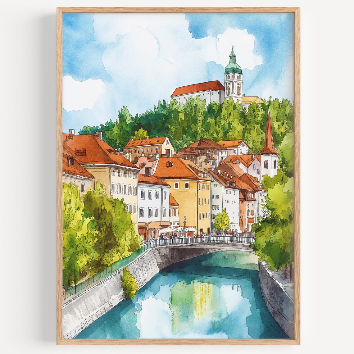 Ljubljana Slovenia Riverside Old Town Watercolor Travel Poster