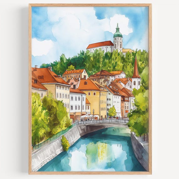 Ljubljana Watercolor Painting Wall Art Print Travel Poster Europe Decor Illustration Home