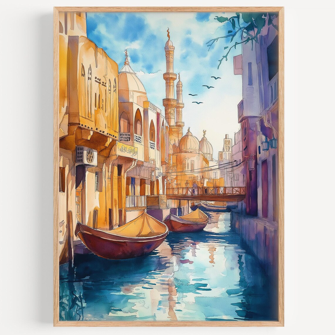 Sharjah Canal Watercolor Abra Boats Mosque Minarets Travel Poster