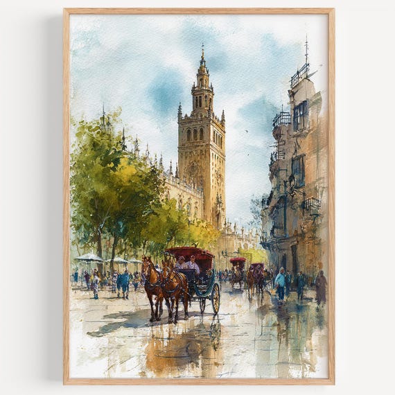 Seville Watercolor Painting Wall Art Print Spain Travel Poster Decor Illustration Home