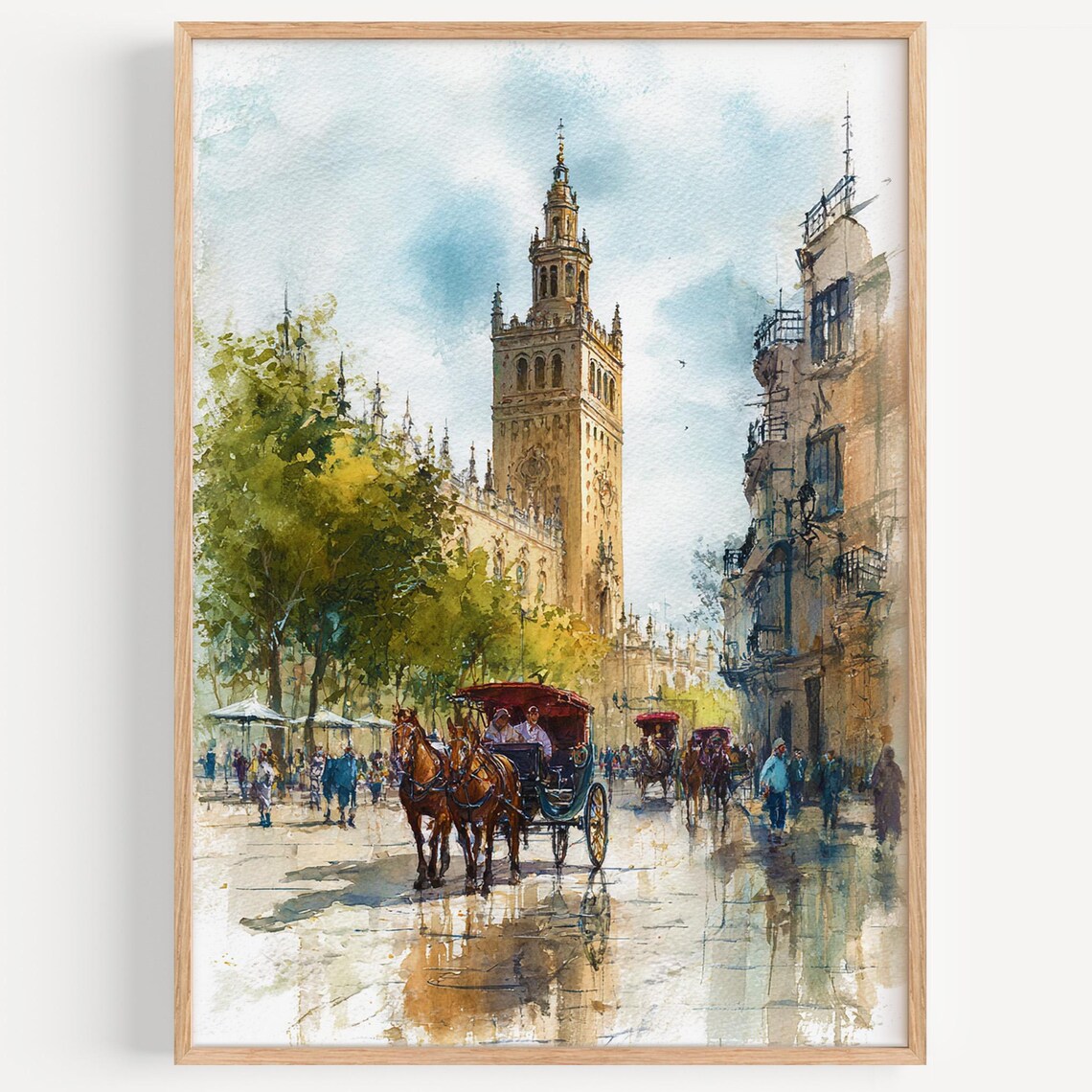 Seville Spain Watercolor Giralda Tower Horse Carriage Plaza Art Poster