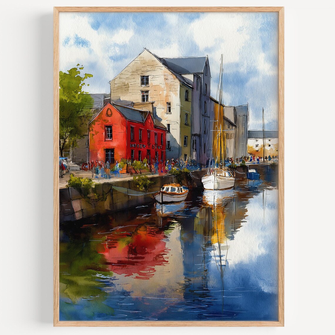 Galway Ireland Watercolor Art Harbor Boats Colorful Quayside Scene Poster