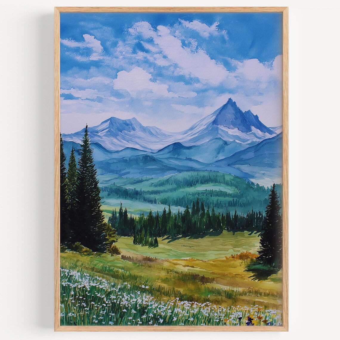 Rocky Mountains Watercolor Peaks Pines Wildflower Meadow Travel Poster