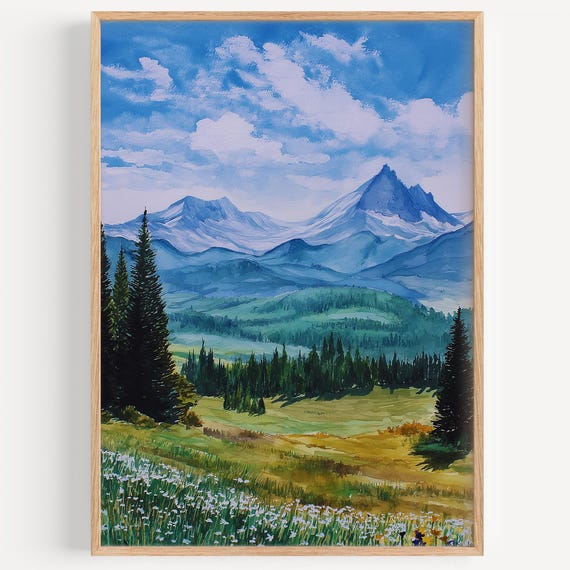 Rocky Mountains Watercolor Painting Wall Art Print Travel Poster Decor Illustration Home