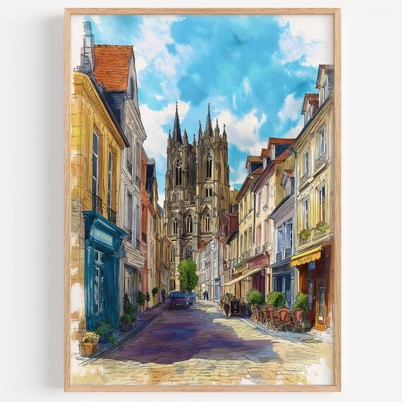 Reims France Gothic Cathedral Cobblestone Street Watercolor Travel Poster