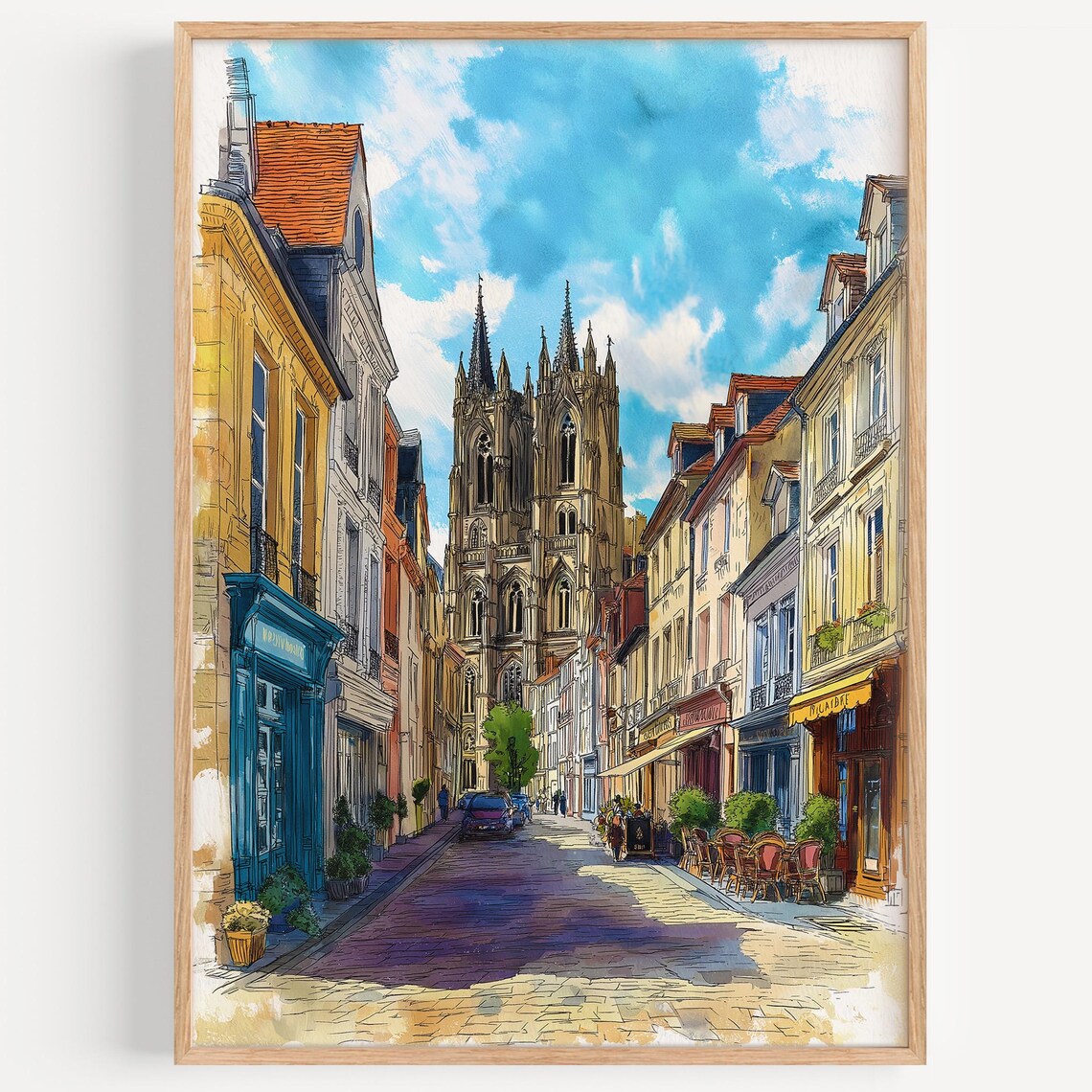 Reims France Gothic Cathedral Cobblestone Street Watercolor Travel Poster