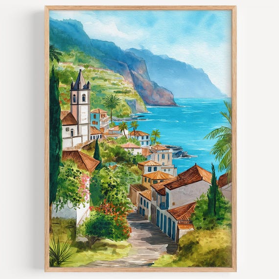 Madeira Watercolor Painting Wall Art Print Travel Poster Portugal Decor Illustration Home