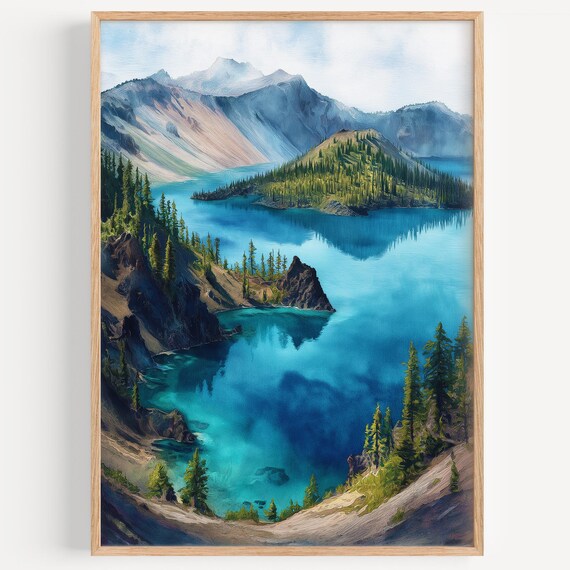 Crater Lake National Park Oregon Deep Blue Watercolor Travel Poster