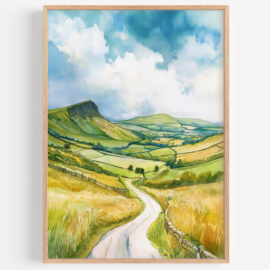 Peak District Rolling Hills Winding Path Watercolor Landscape Poster