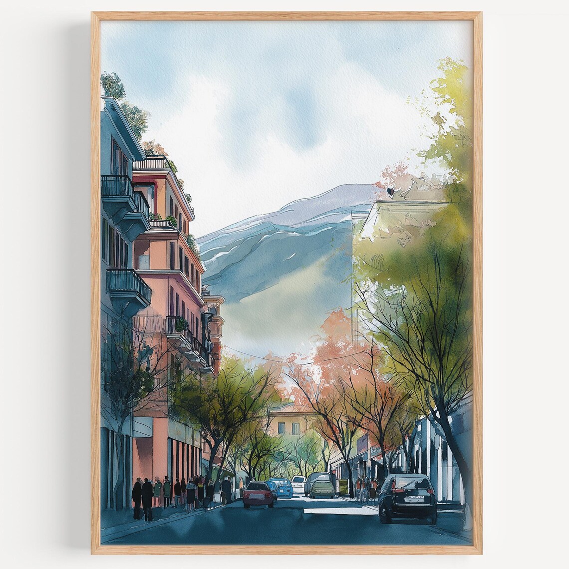 Tirana Albania Watercolor Art Mountain Street Cityscape Painting Poster
