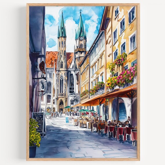 Munich Watercolor Travel Poster, Germany Decor