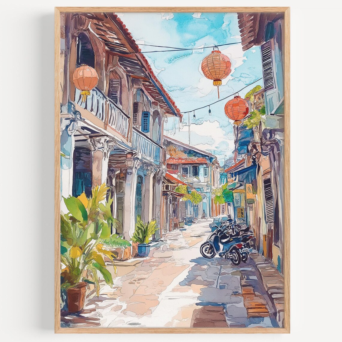 Penang Watercolor Painting, Malaysia Travel Poster