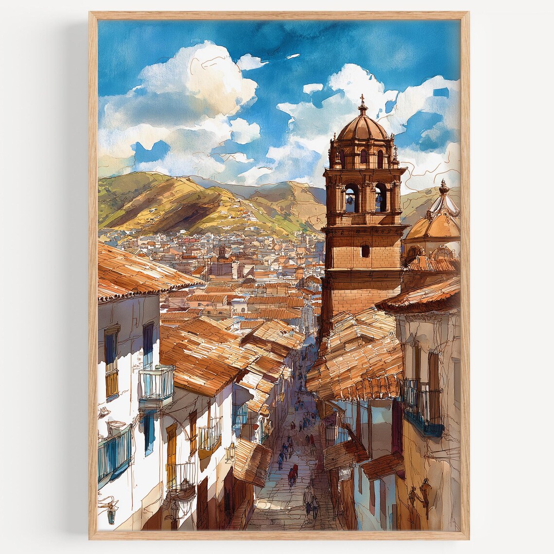 Cusco Watercolor Painting Travel Poster, Peru