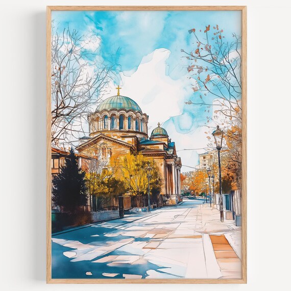 Sofia Bulgaria Alexander Nevsky Cathedral Watercolor Travel Poster