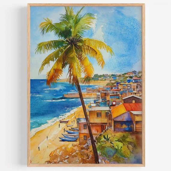 Dakar Senegal Tropical Beach Palm Tree Watercolor Coastal Poster