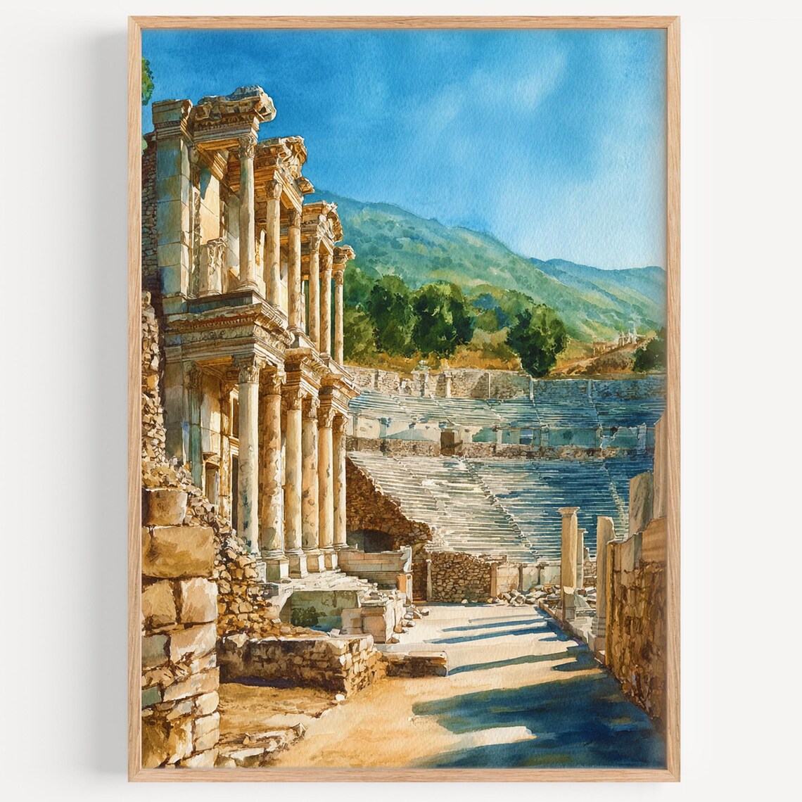 Ephesus Ancient Ruins Watercolor Library of Celsus Turkey Travel Poster