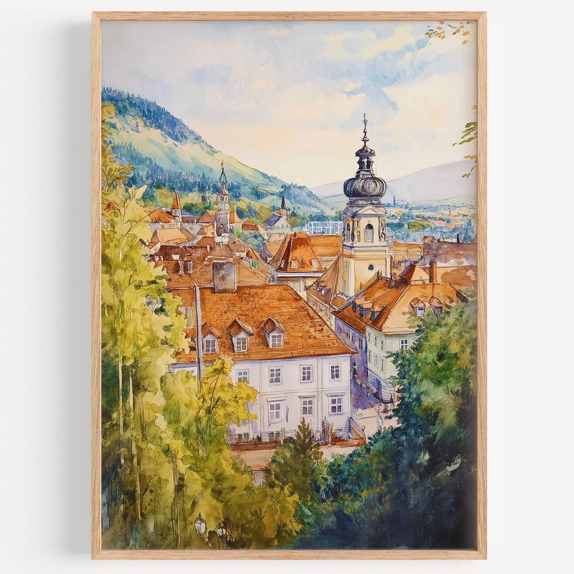 Graz Watercolor Travel Poster, Austria Decor