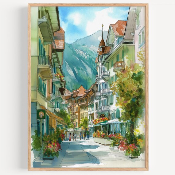 Flower Filled Alpine Street With Mountain View Watercolor Poster