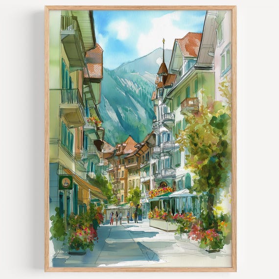 Interlaken Watercolor Painting Wall Art Print Travel Poster Swiss Decor Illustration Home