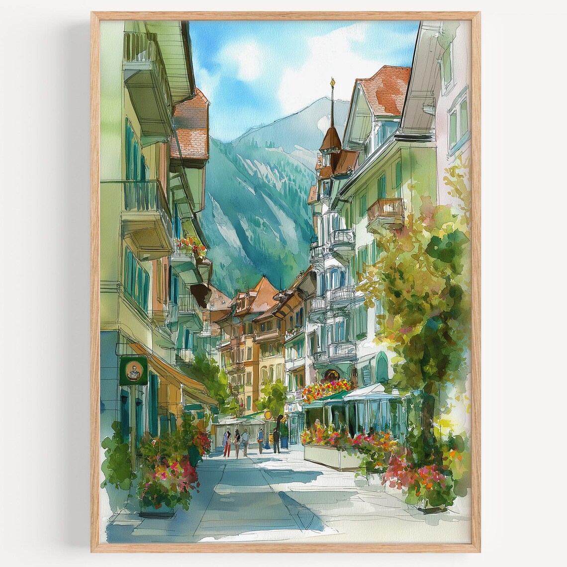 Flower Filled Alpine Street With Mountain View Watercolor Poster