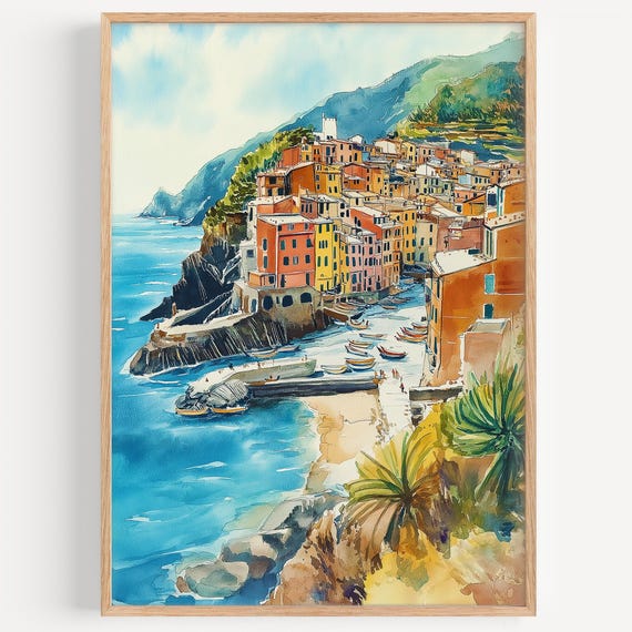Cinque Terre Watercolor Painting Wall Art Print Italy Poster Travel Decor Illustration Home