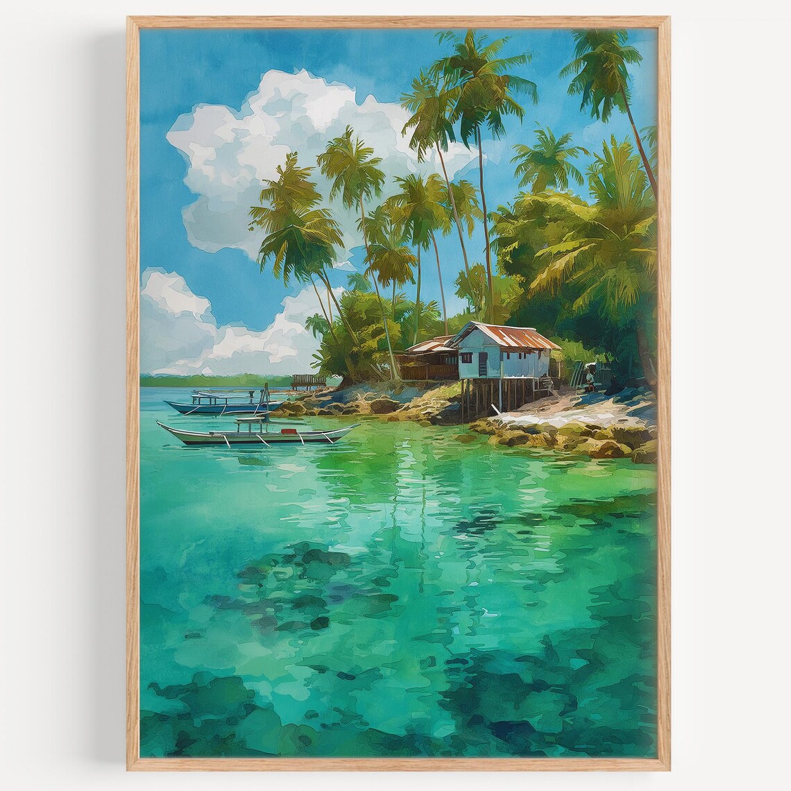 Tropical Island Cove Palm Trees Stilt Hut Turquoise Lagoon Watercolor Poster