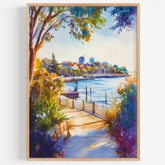 Perth Watercolor Painting Wall Art Print Travel Poster Australia Decor Illustration Home