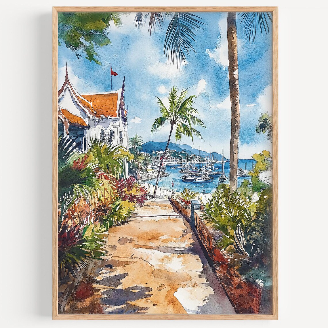 Tropical Harbor Palm Path Thai Temple Watercolor Travel Poster
