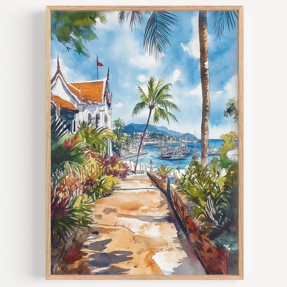 Pattaya Watercolor Painting Wall Art Print Poster Thailand Travel Decor Illustration Home
