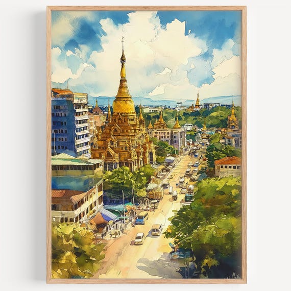 Yangon Watercolor Painting Wall Art Print Poster Myanmar Travel Decor Illustration Home