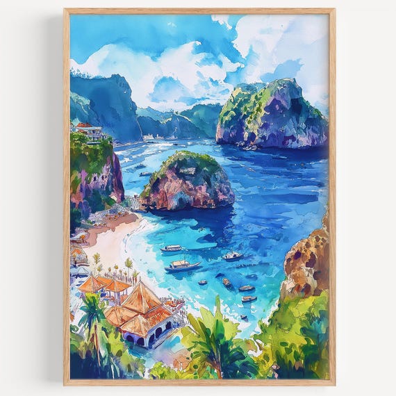 Nusa Penida Watercolor Painting Wall Art Print Travel Poster Indonesia Decor Illustration Home