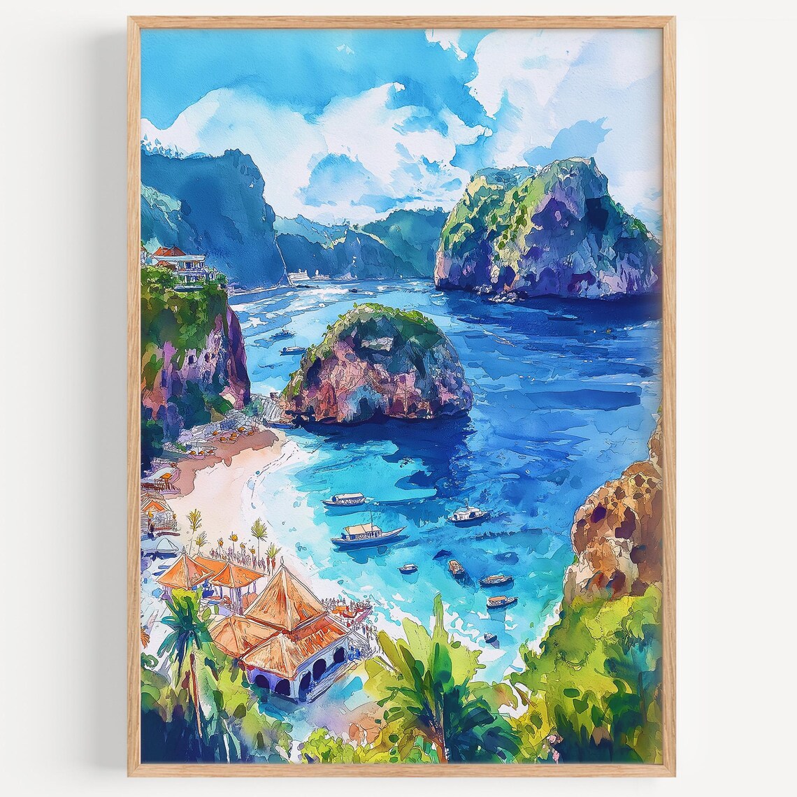 Nusa Penida Indonesia Beach Cliffs Boats And Temple Watercolor Poster